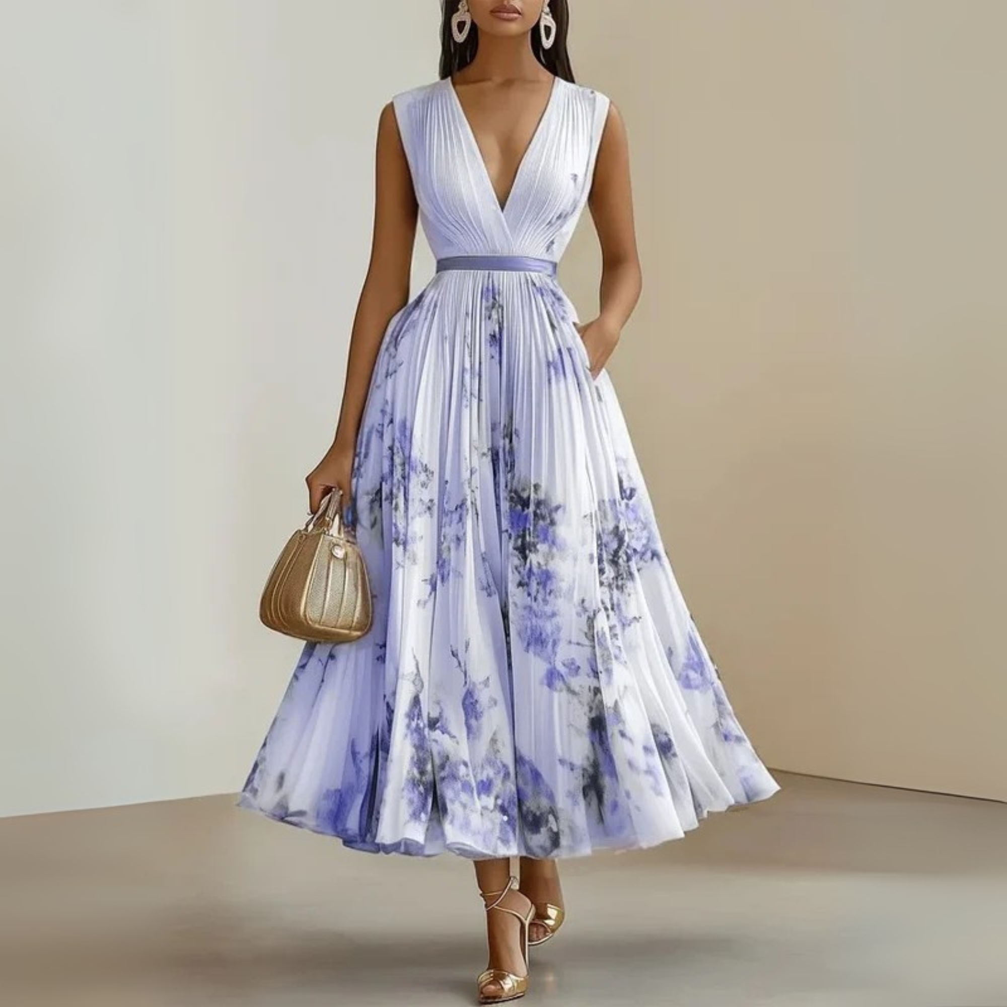 Women's Pleated Chiffon Maxi Dress with V-Neck and Pockets