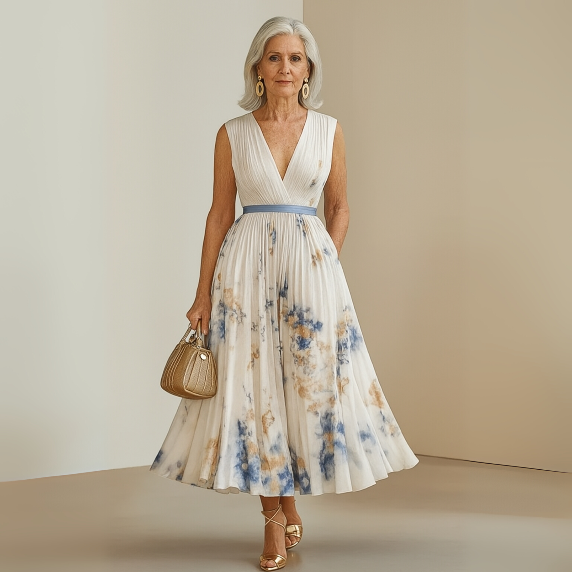 Women's Pleated Chiffon Maxi Dress with V-Neck and Pockets
