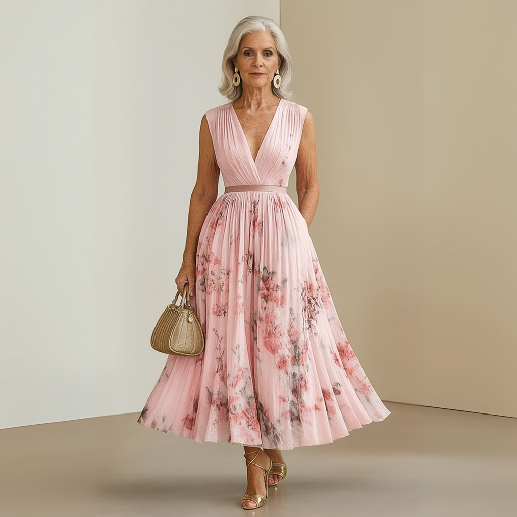 Women's Pleated Chiffon Maxi Dress with V-Neck and Pockets