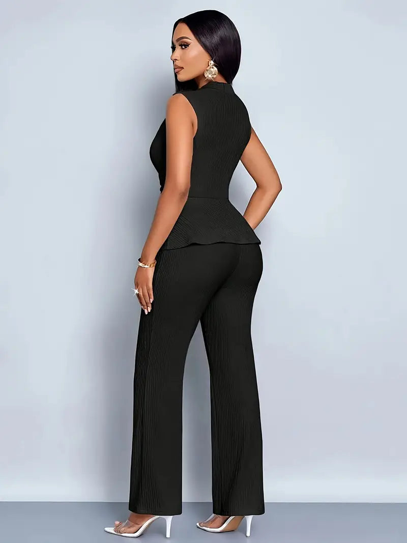 Women's Pleated Knit Jumpsuit Set with V Neck and Peplum Hem