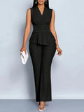 Women's Pleated Knit Jumpsuit Set with V Neck and Peplum Hem