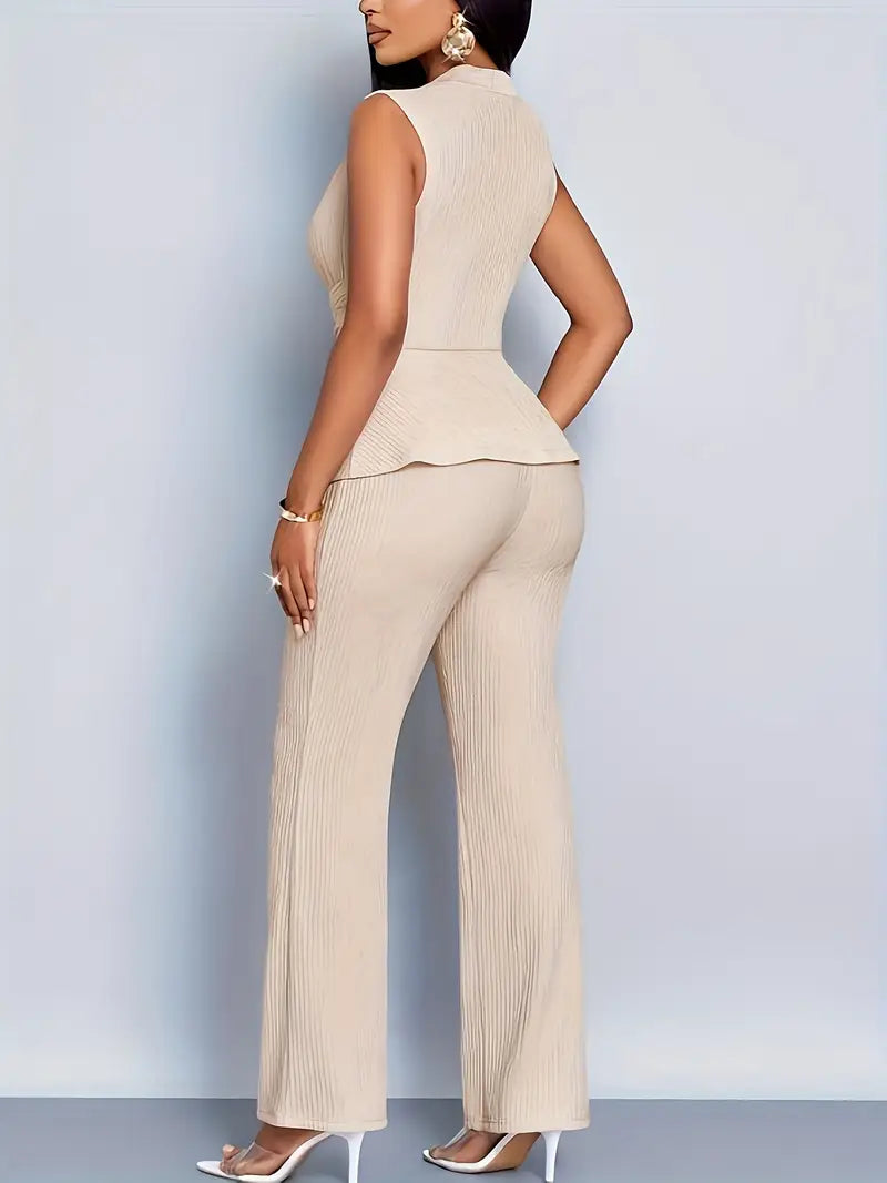 Women's Pleated Knit Jumpsuit Set with V Neck and Peplum Hem