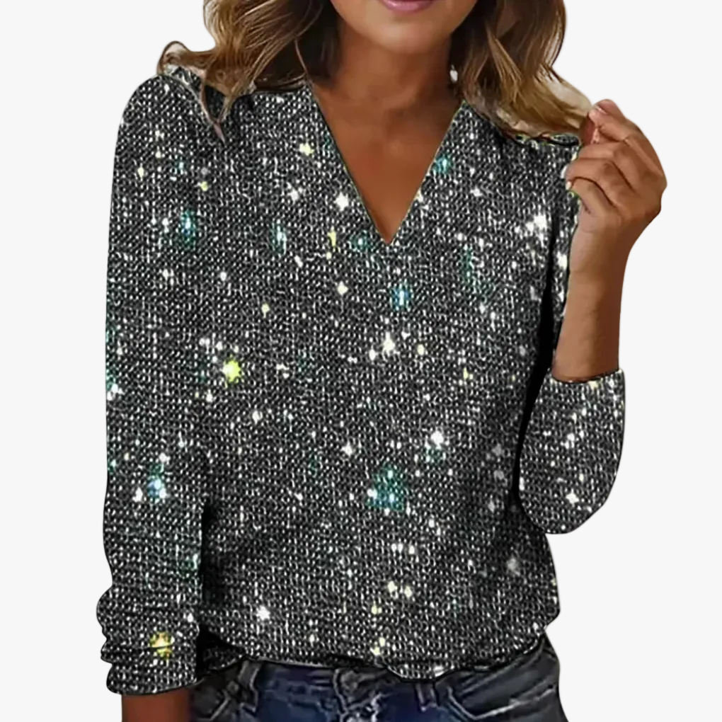 Women's Polyester Blouse with Sequin Overlay and V Neck