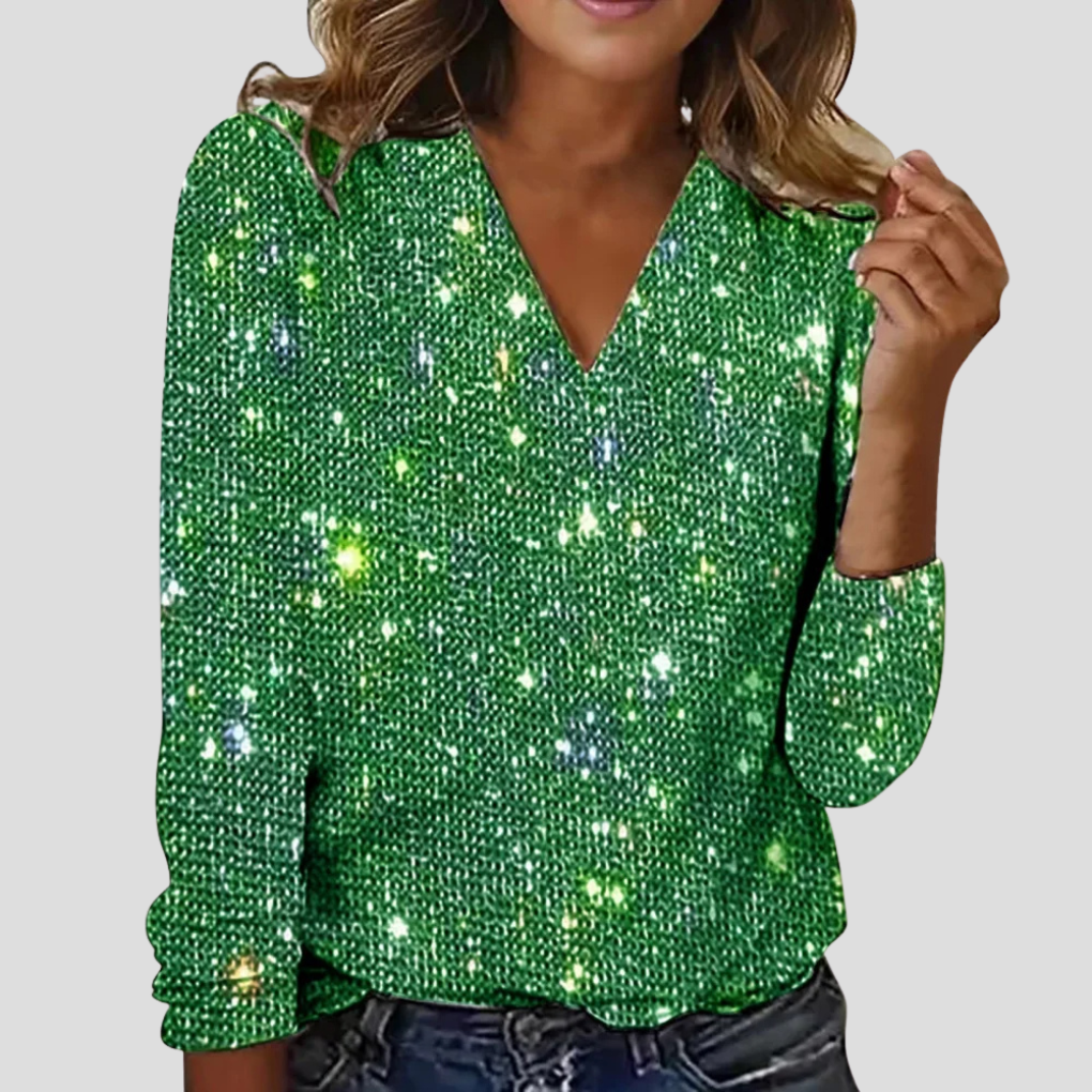 Women's Polyester Blouse with Sequin Overlay and V Neck