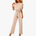 Women's Polyester Jumpsuit with Boat Neck and Tie Waist