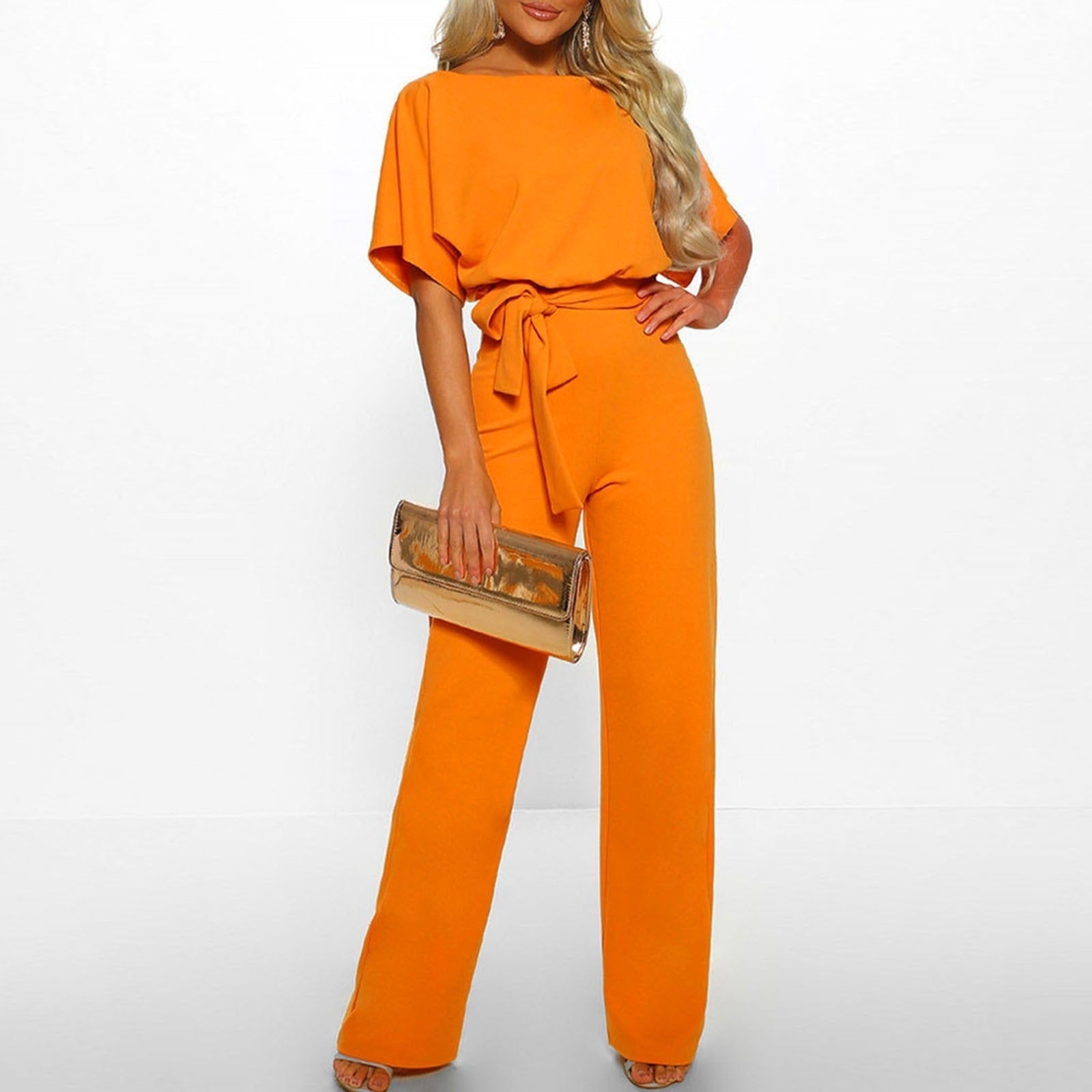 Women's Polyester Jumpsuit with Boat Neck and Tie Waist