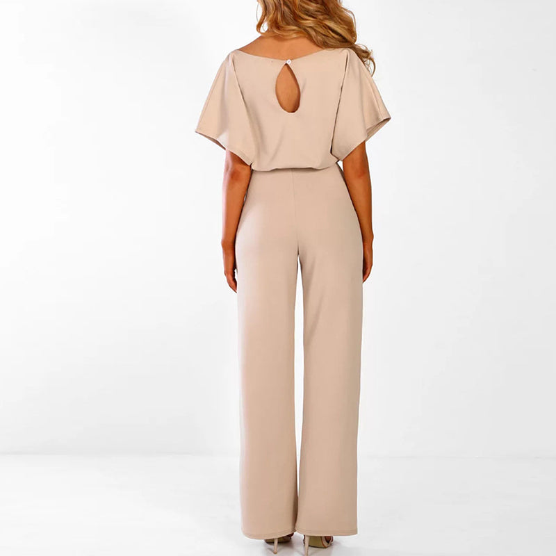 Women's Polyester Jumpsuit with Boat Neck and Tie Waist