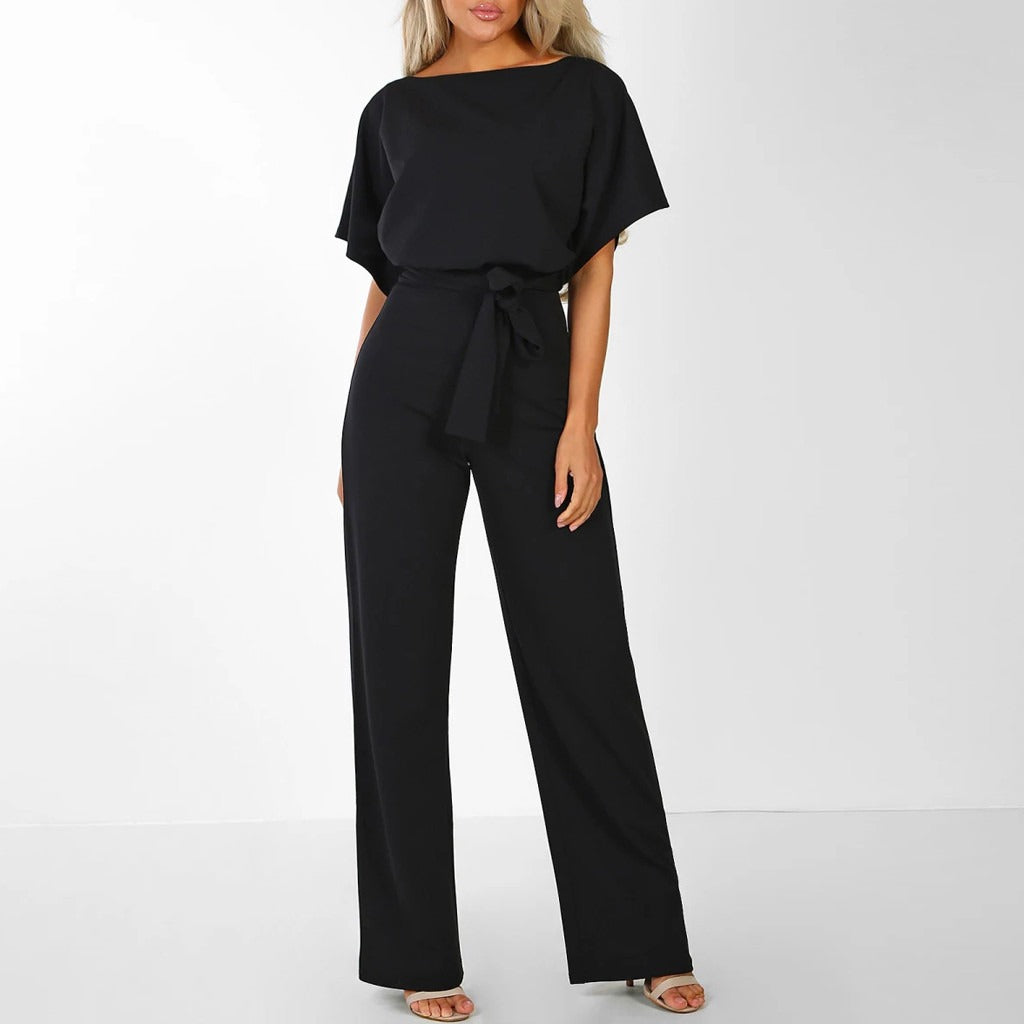 Women's Polyester Jumpsuit with Boat Neck and Tie Waist