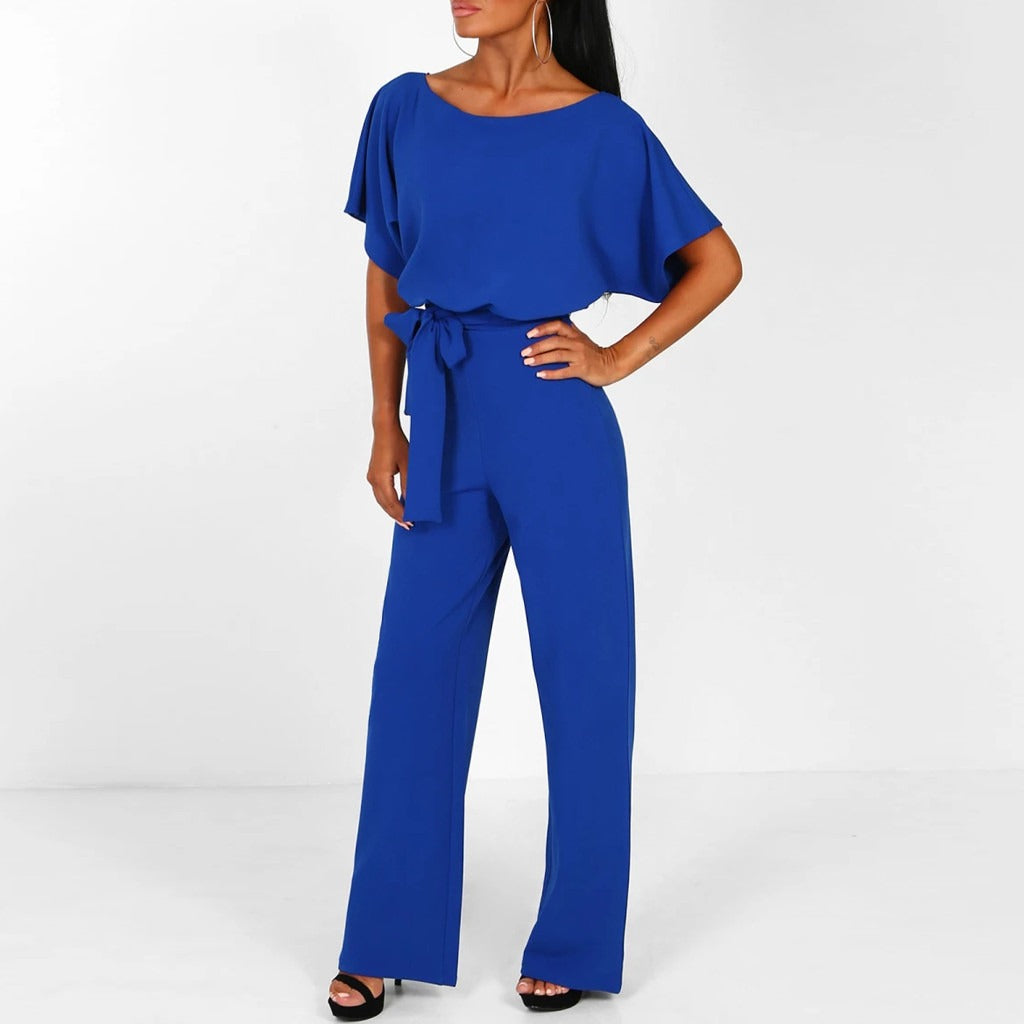 Women's Polyester Jumpsuit with Boat Neck and Tie Waist