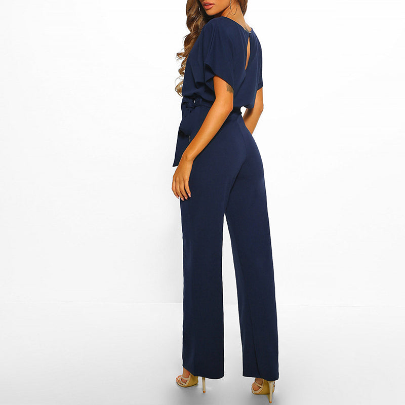 Women's Polyester Jumpsuit with Boat Neck and Tie Waist