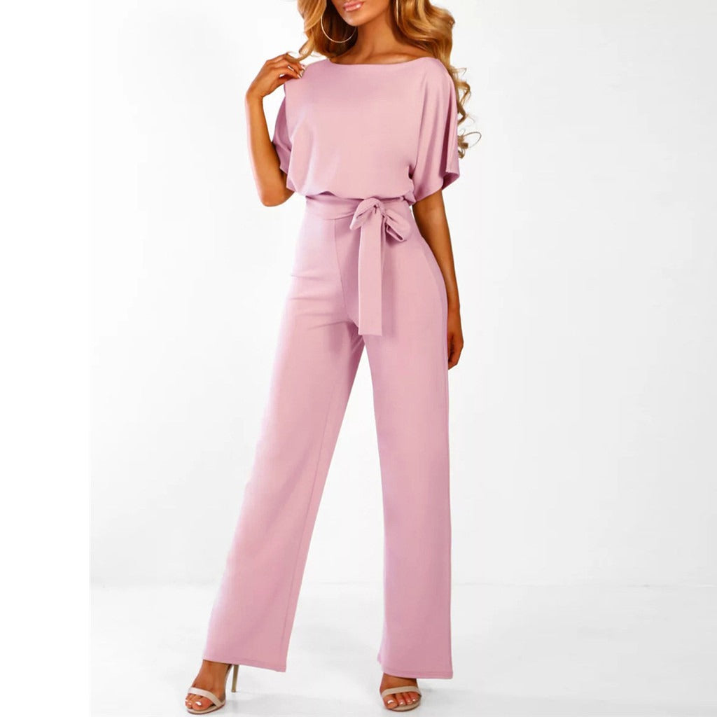 Women's Polyester Jumpsuit with Boat Neck and Tie Waist