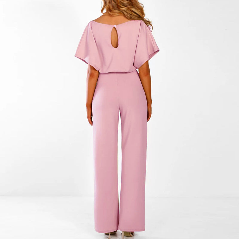 Women's Polyester Jumpsuit with Boat Neck and Tie Waist