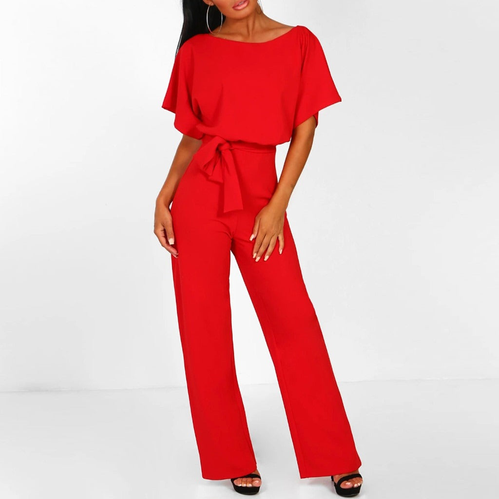 Women's Polyester Jumpsuit with Boat Neck and Tie Waist