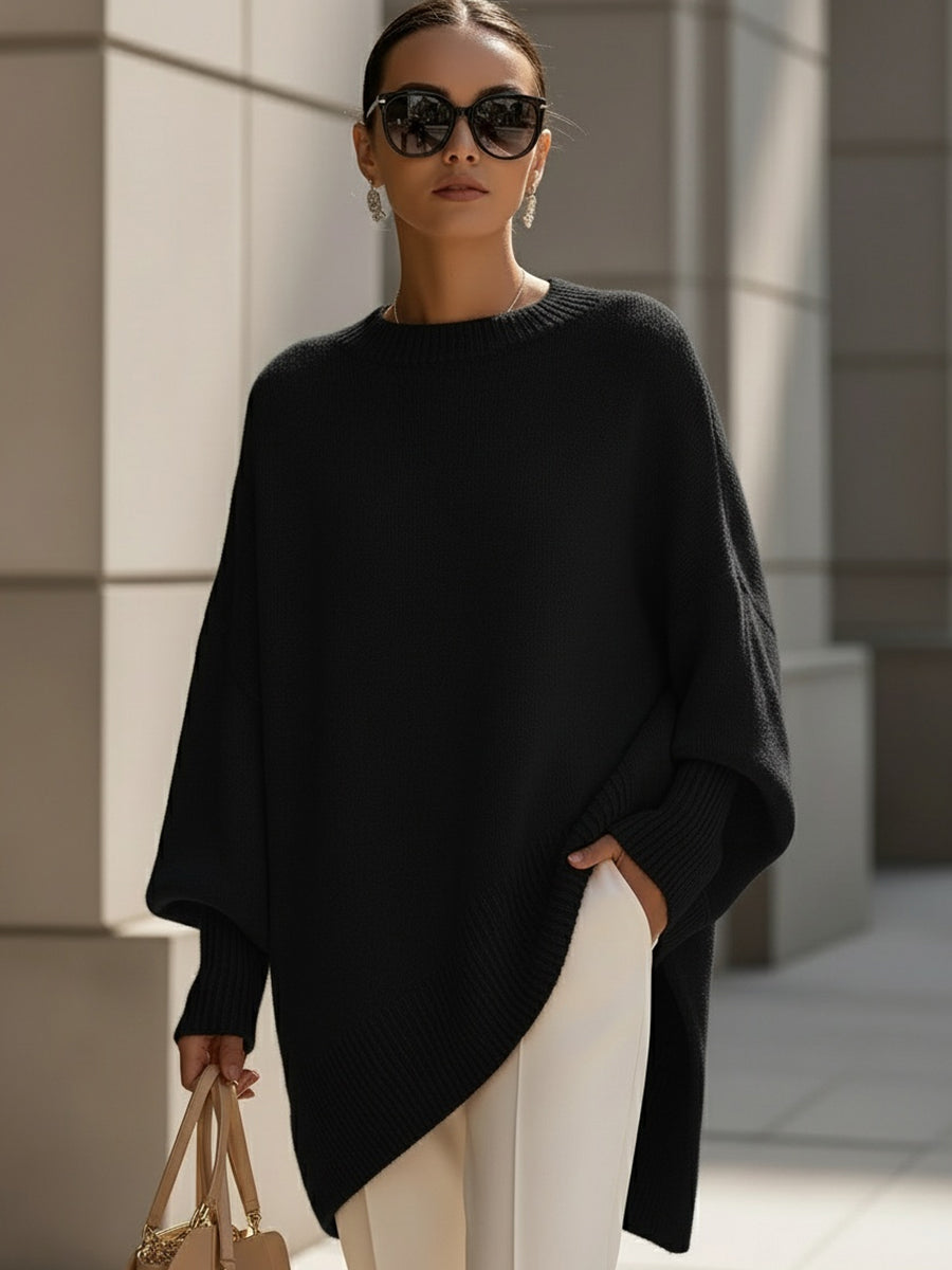 Women's Poncho-Style Knit Pullover Sweater with Ribbed Trim and Crewneck