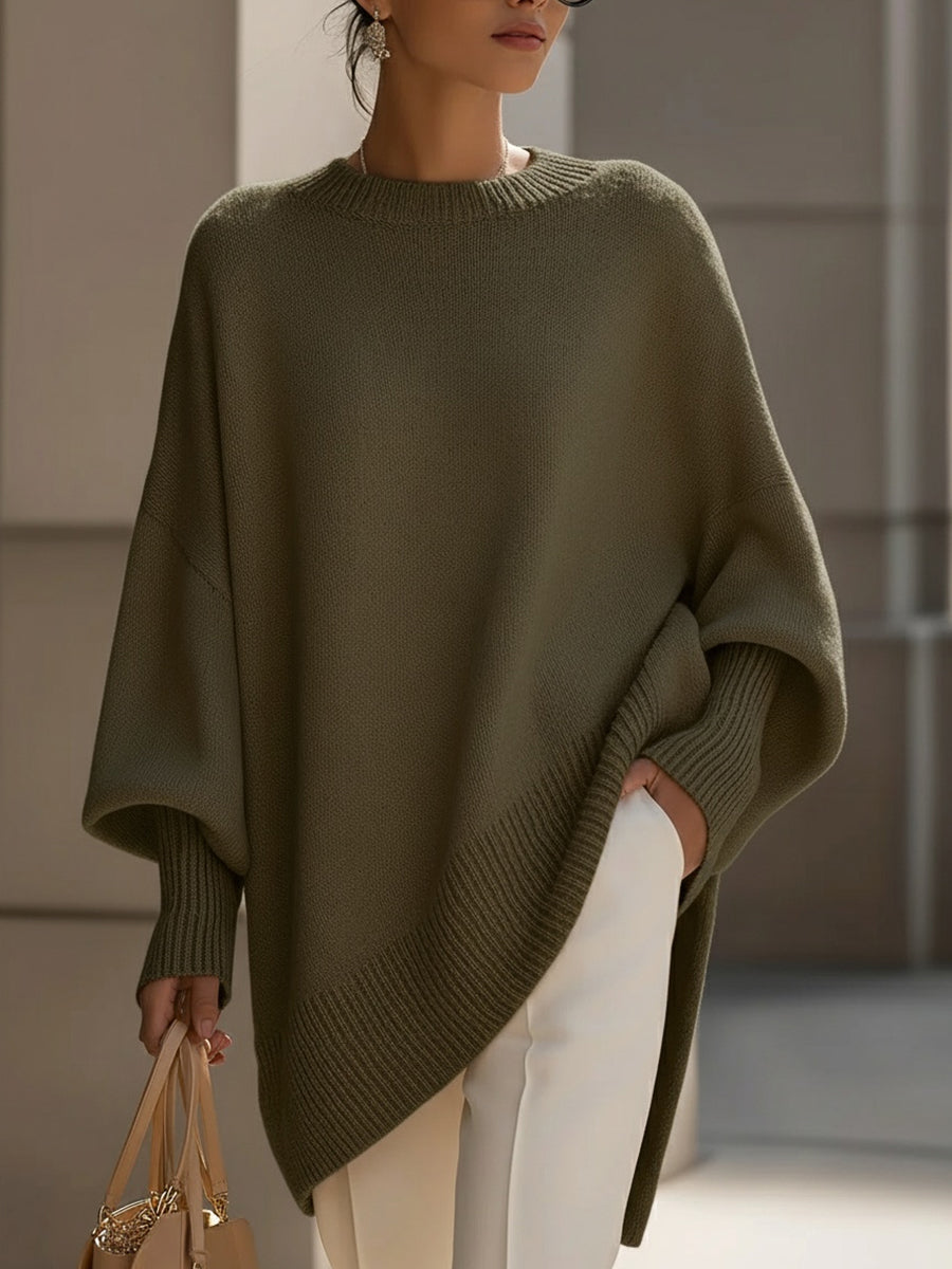 Women's Poncho-Style Knit Pullover Sweater with Ribbed Trim and Crewneck