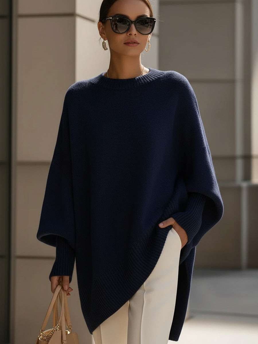Women's Poncho-Style Knit Pullover Sweater with Ribbed Trim and Crewneck
