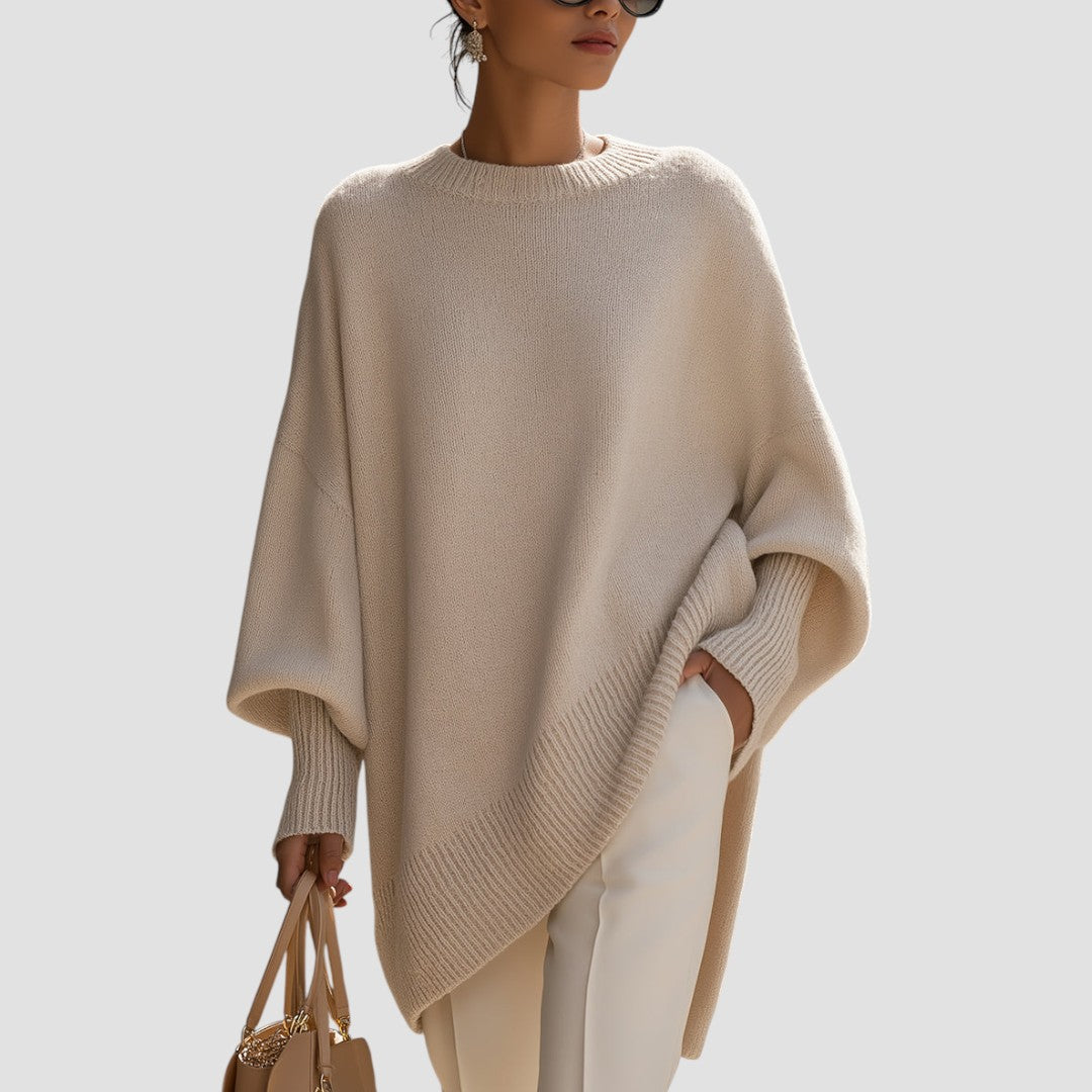 Women's Poncho-Style Knit Pullover Sweater with Ribbed Trim and Crewneck