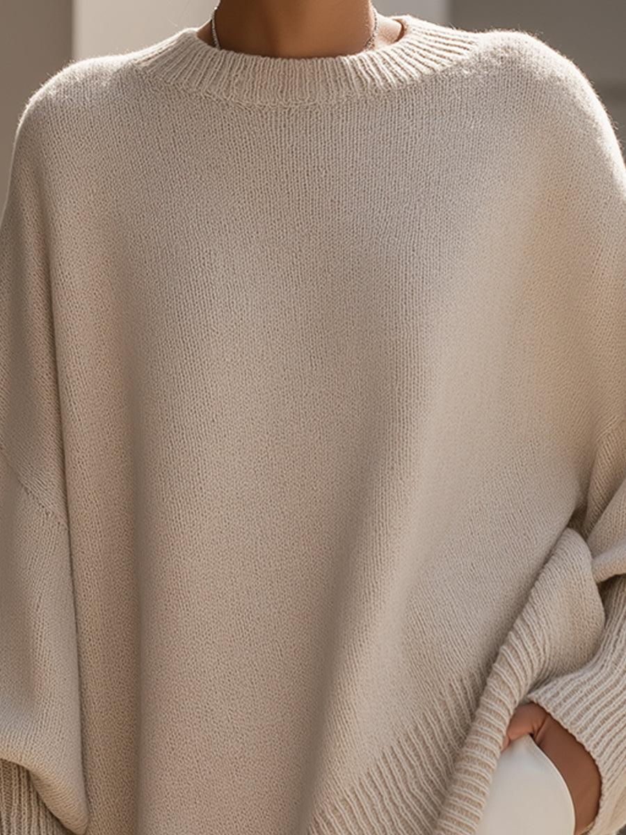 Women's Poncho-Style Knit Pullover Sweater with Ribbed Trim and Crewneck