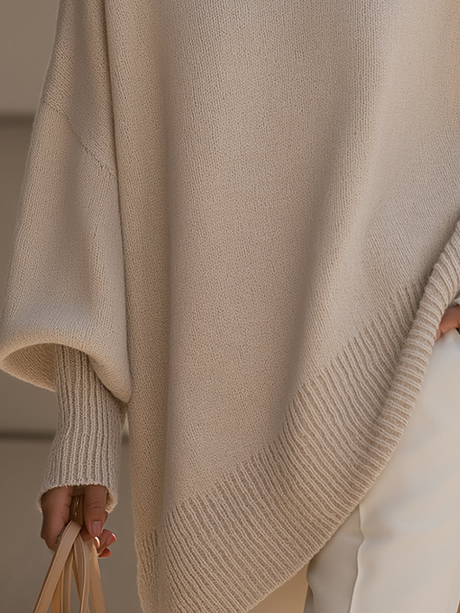Women's Poncho-Style Knit Pullover Sweater with Ribbed Trim and Crewneck
