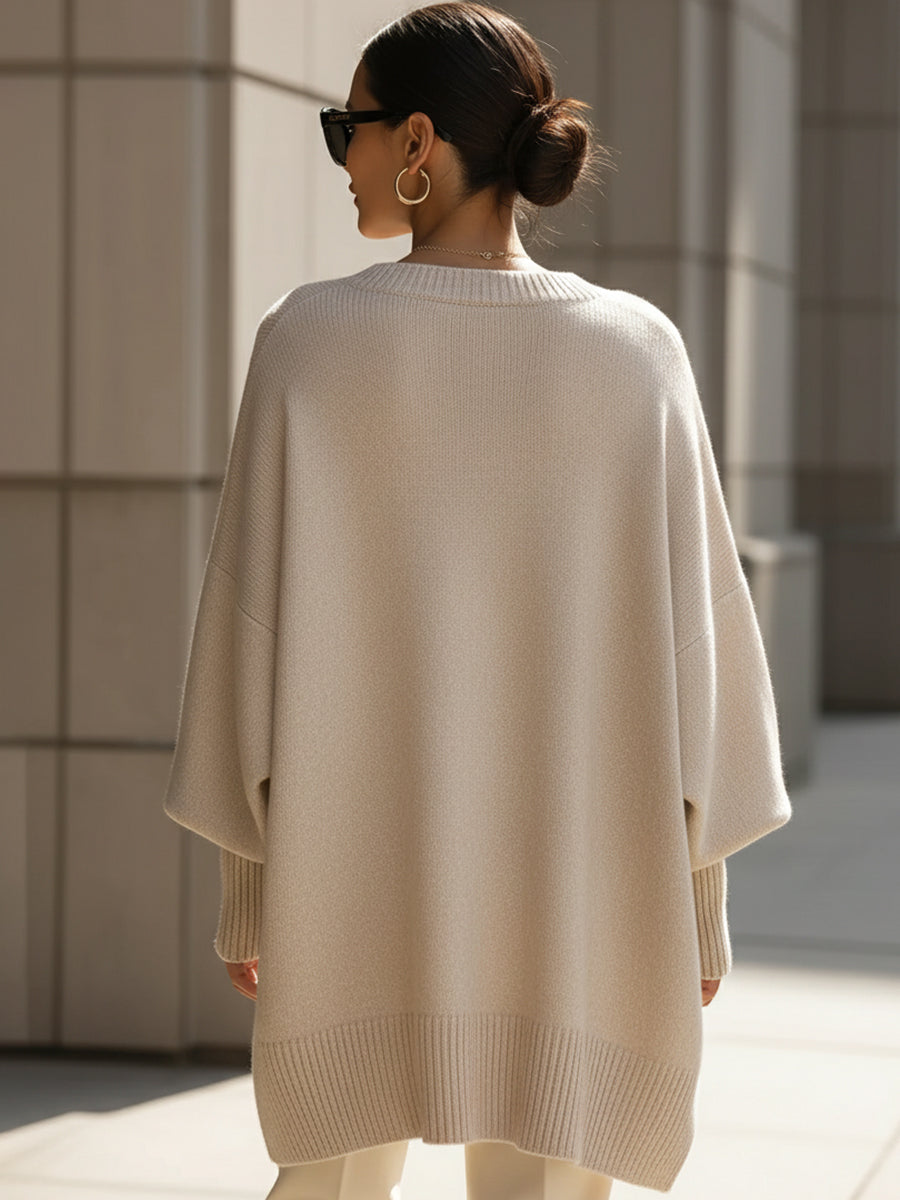 Women's Poncho-Style Knit Pullover Sweater with Ribbed Trim and Crewneck