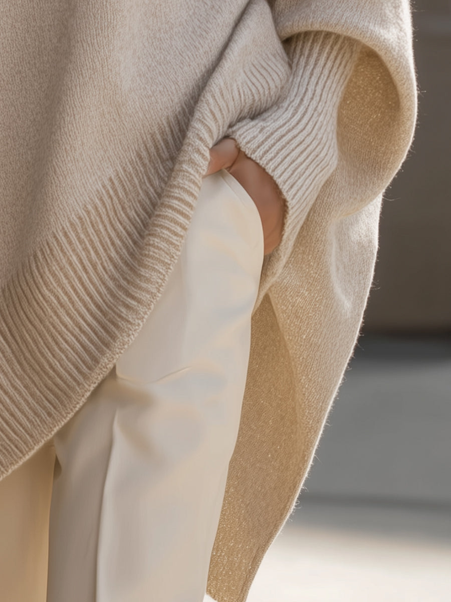 Women's Poncho-Style Knit Pullover Sweater with Ribbed Trim and Crewneck