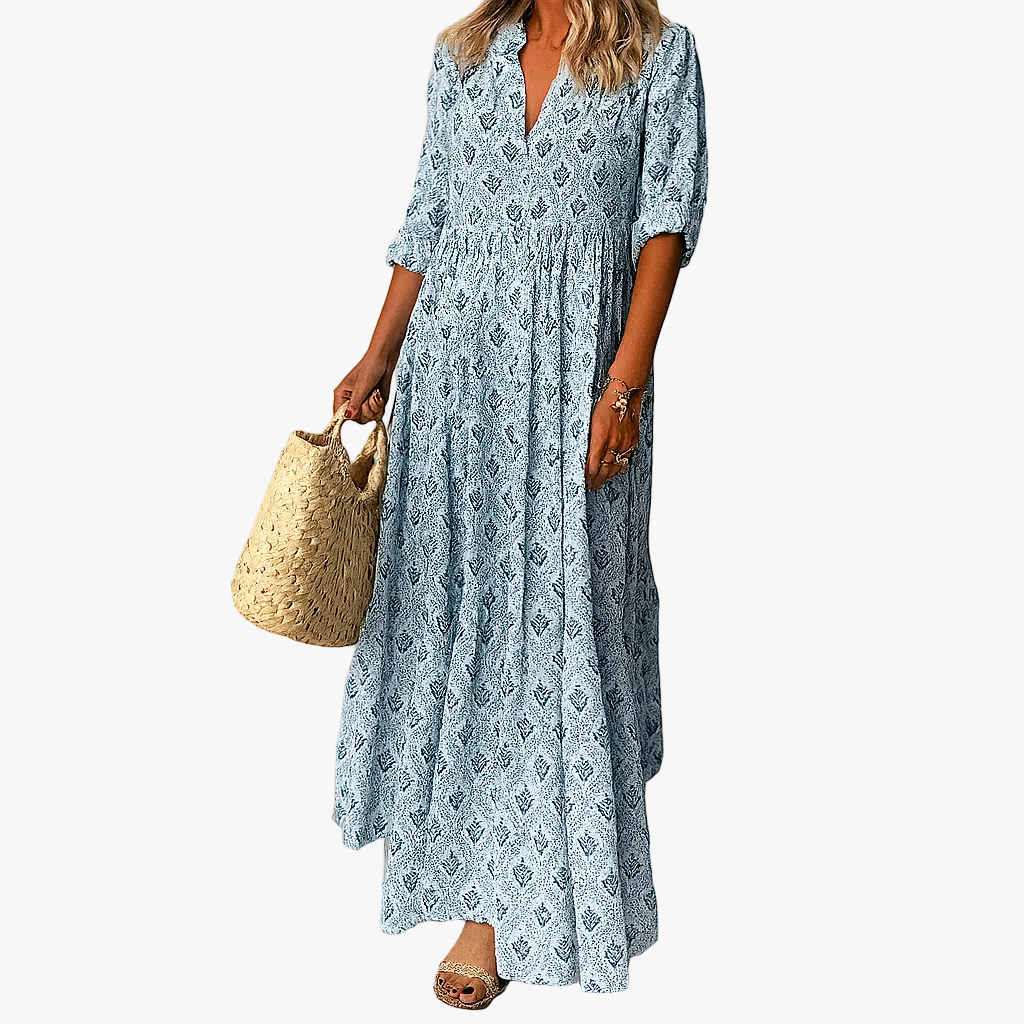 Women's Printed Polyester Blend Maxi Dress with V Neck and 3/4 Sleeves