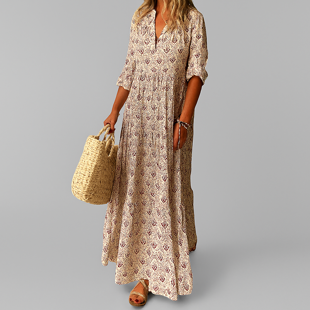 Women's Printed Polyester Blend Maxi Dress with V Neck and 3/4 Sleeves