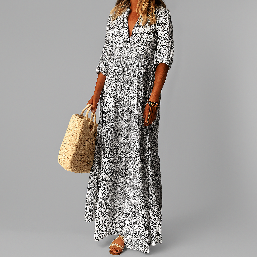 Women's Printed Polyester Blend Maxi Dress with V Neck and 3/4 Sleeves