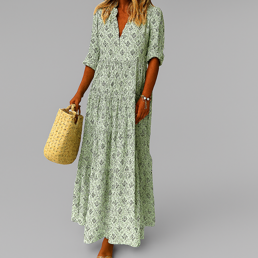 Women's Printed Polyester Blend Maxi Dress with V Neck and 3/4 Sleeves
