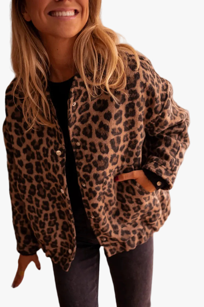 Women's Quilted Bomber Jacket with Animal Print and Snap Front
