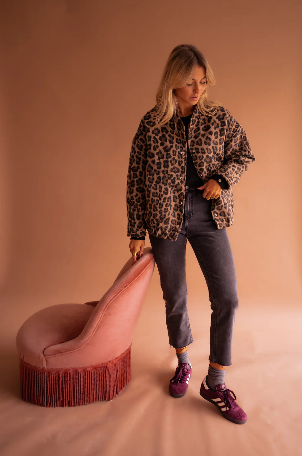 Women's Quilted Bomber Jacket with Animal Print and Snap Front