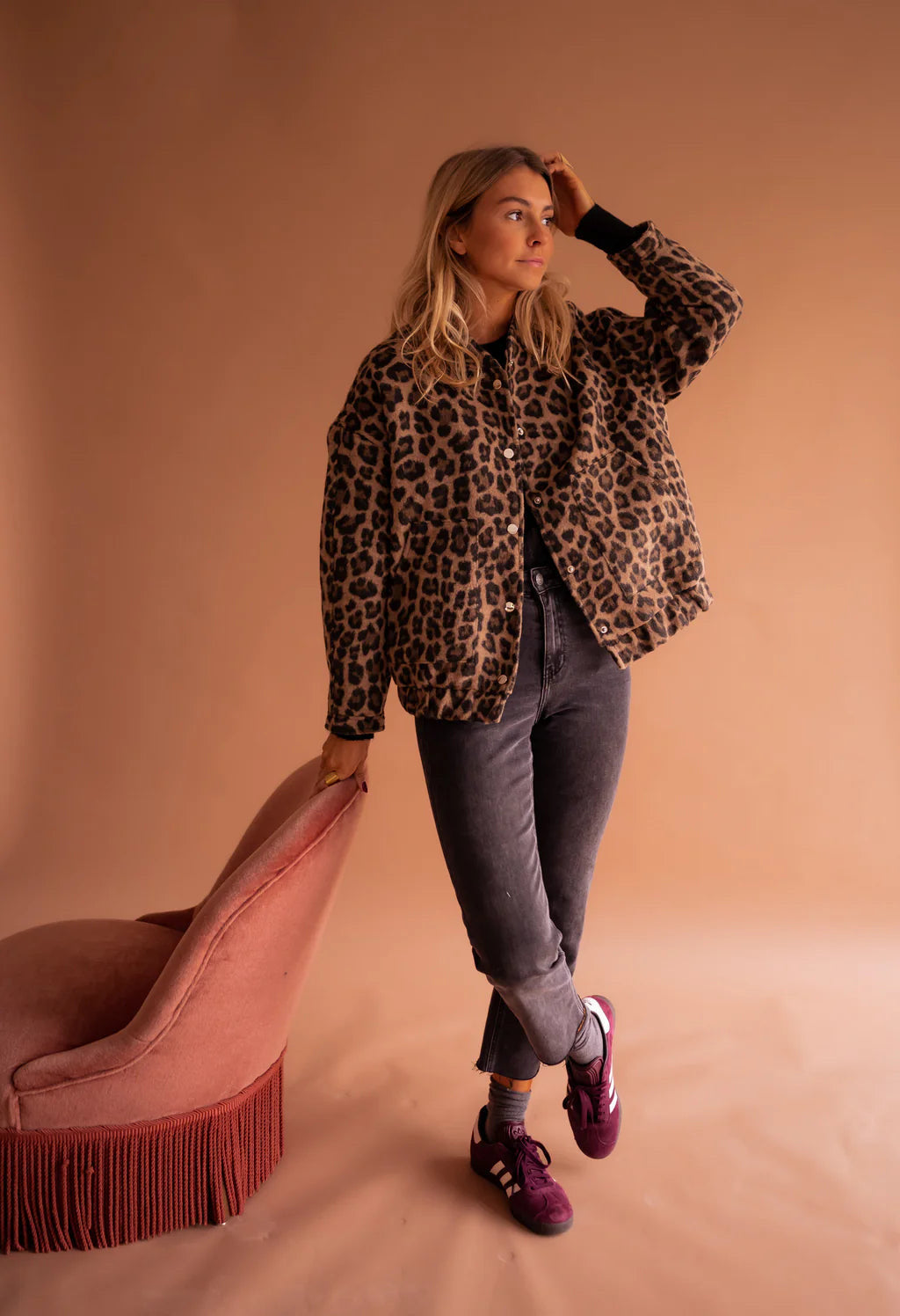 Women's Quilted Bomber Jacket with Animal Print and Snap Front