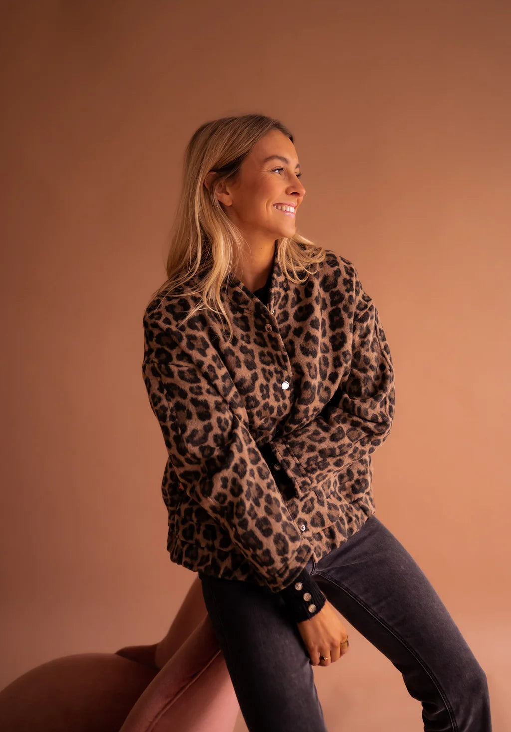 Women's Quilted Bomber Jacket with Animal Print and Snap Front