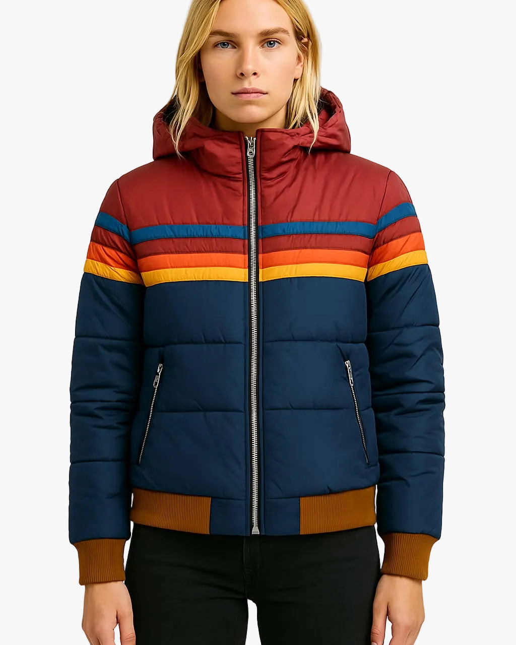 Women's Quilted Puffer Jacket with Hood and Stripe Bands