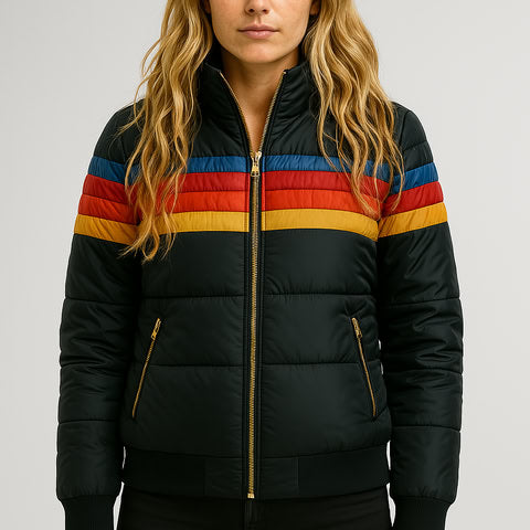Women's Quilted Puffer Jacket with Hood and Stripe Bands
