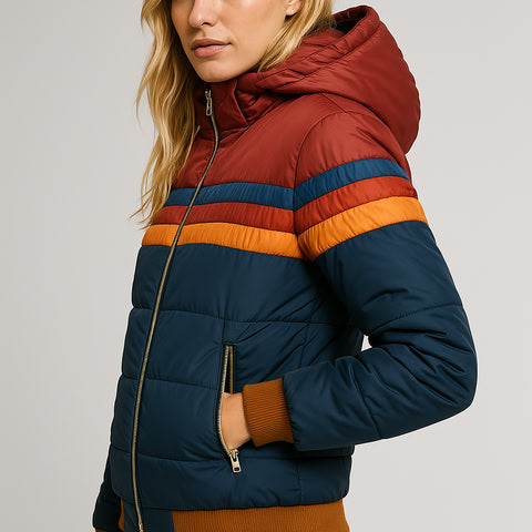 Women's Quilted Puffer Jacket with Hood and Stripe Bands