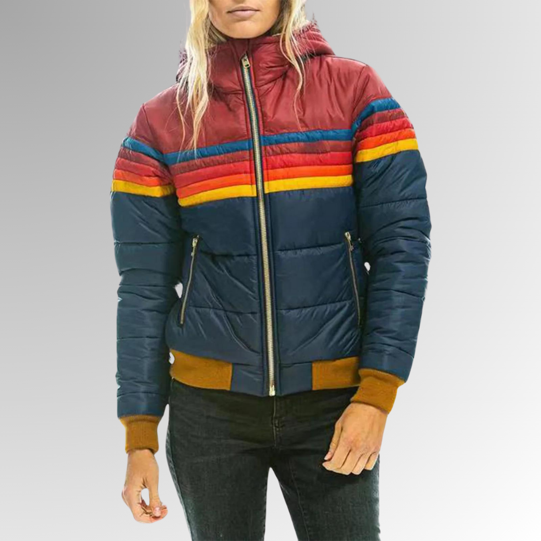 Women's Quilted Puffer Jacket with Hood and Stripe Bands