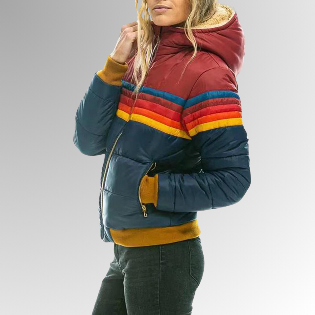 Women's Quilted Puffer Jacket with Hood and Stripe Bands