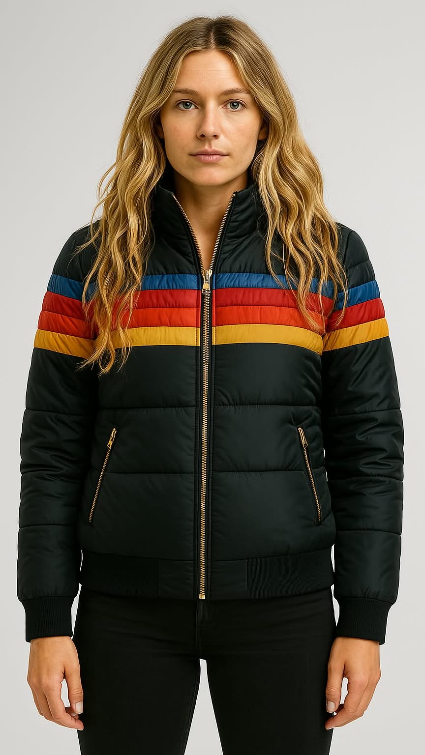 Women's Quilted Puffer Jacket with Hood and Stripe Bands