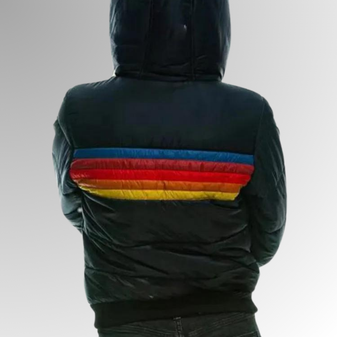 Women's Quilted Puffer Jacket with Hood and Stripe Bands
