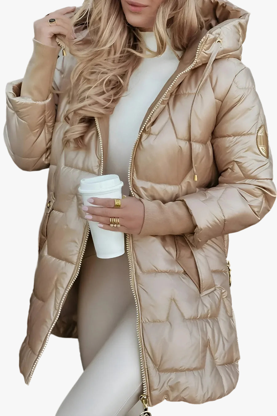 Women's Quilted Shell Puffer Jacket with Hood and Side Zips