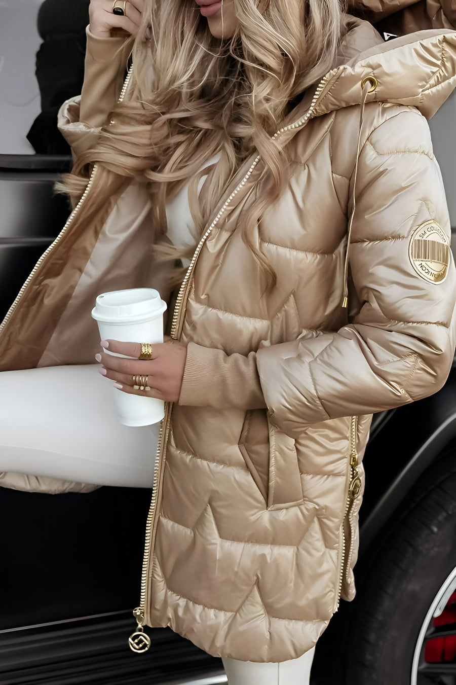 Women's Quilted Shell Puffer Jacket with Hood and Side Zips