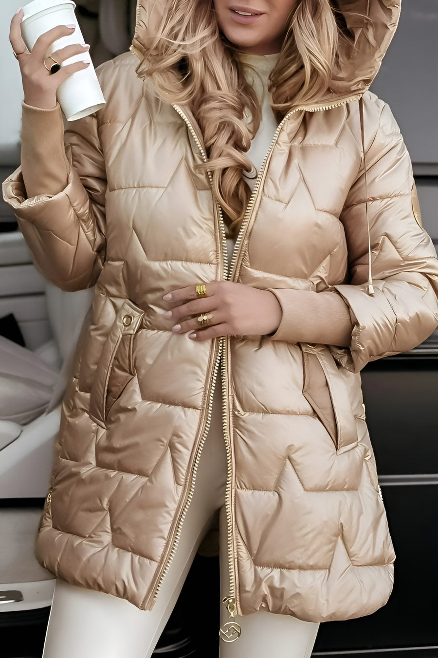 Women's Quilted Shell Puffer Jacket with Hood and Side Zips