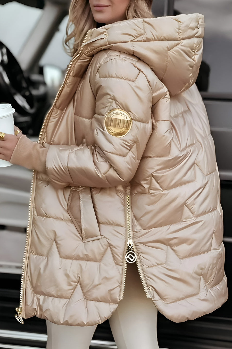 Women's Quilted Shell Puffer Jacket with Hood and Side Zips