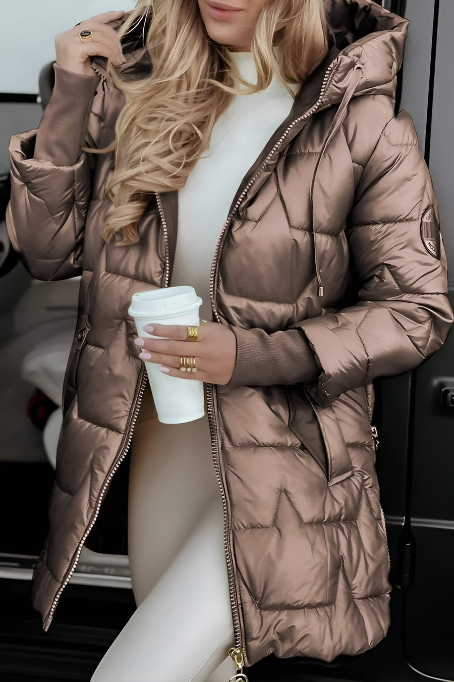 Women's Quilted Shell Puffer Jacket with Hood and Side Zips