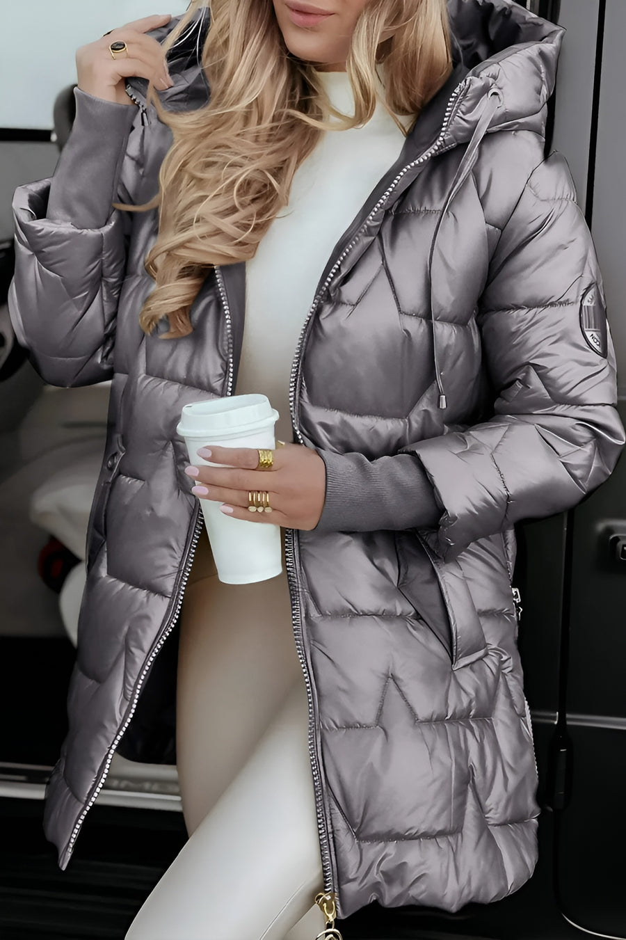 Women's Quilted Shell Puffer Jacket with Hood and Side Zips