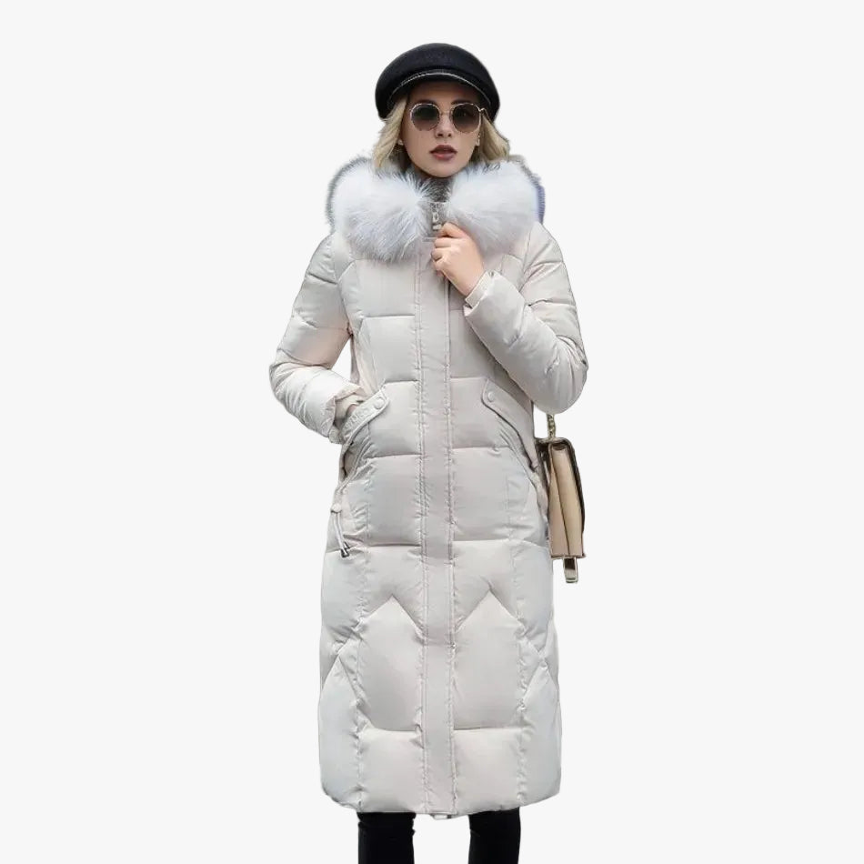Women's Quilted Synthetic Long Coat with Faux-Fur Hood and Zip Pockets