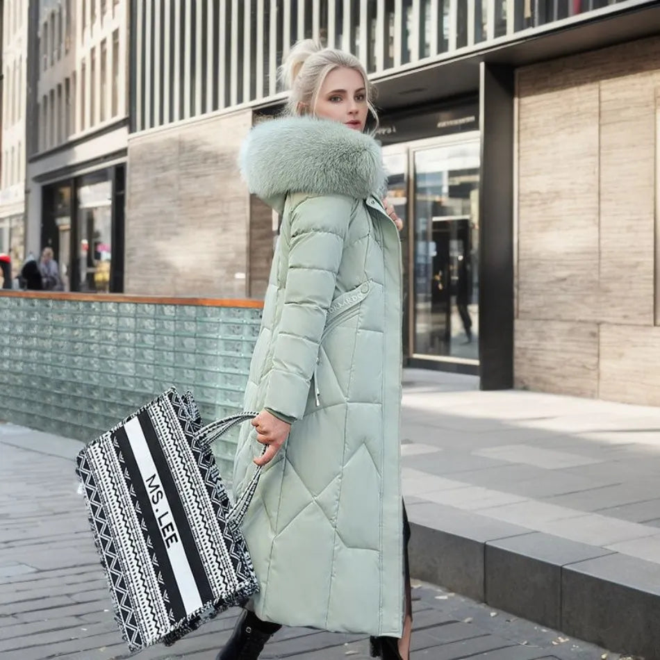 Women's Quilted Synthetic Long Coat with Faux-Fur Hood and Zip Pockets