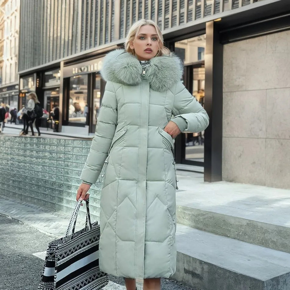 Women's Quilted Synthetic Long Coat with Faux-Fur Hood and Zip Pockets