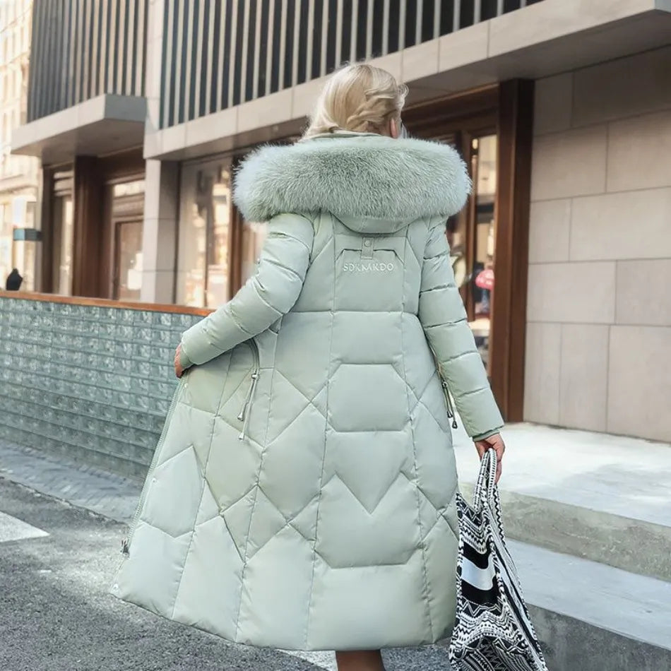 Women's Quilted Synthetic Long Coat with Faux-Fur Hood and Zip Pockets